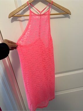 Victoria's Secret Neon Pink sheer Lace Halter Chemise. Tag cut out.